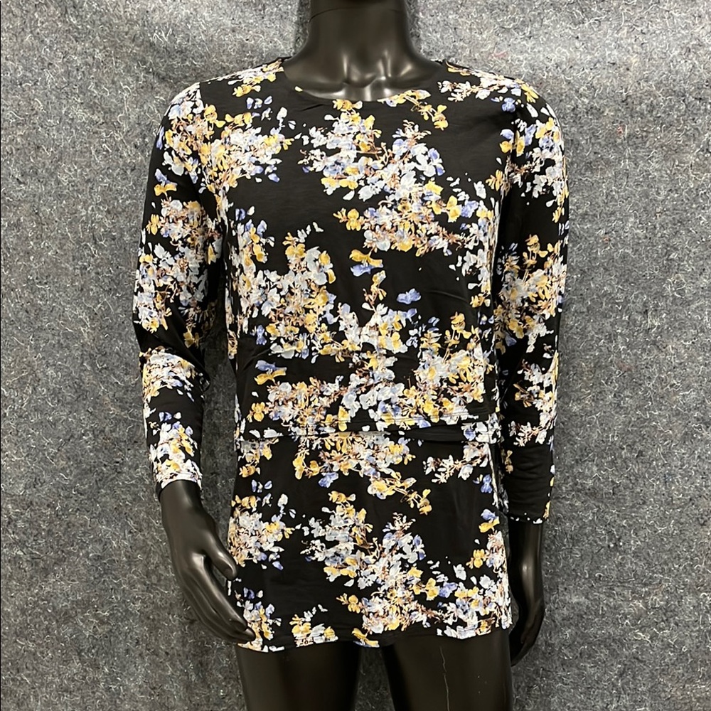NEW J Jill WOMENS LARGE PETITE Black Floral Long Sleeve Stretch Tunic Top